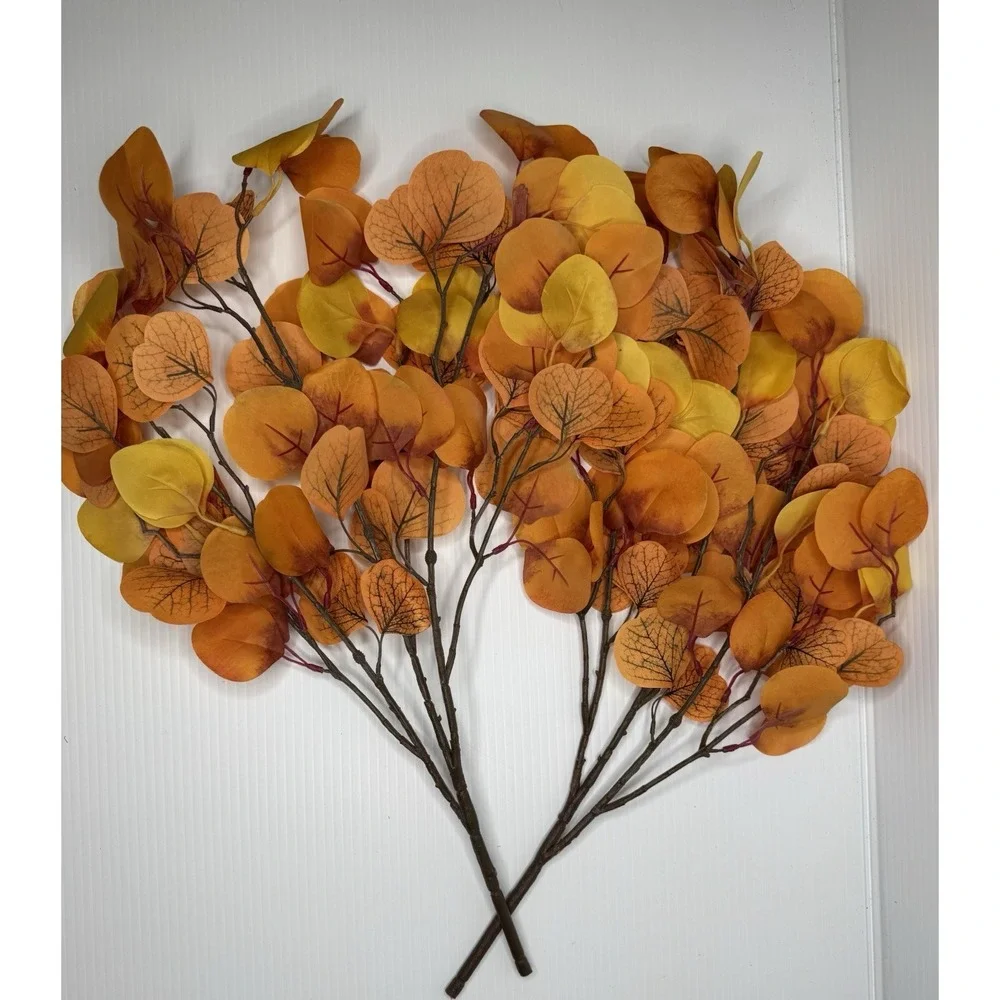 Lot Of 6 Faux Fall Foliage Bushes Maple Round Leaves Orange Red Yellow Autumn